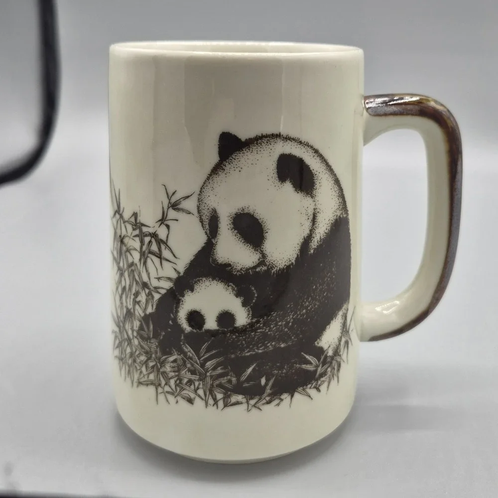 Panda Bear Coffee Mug Vintage Japan Cup Mom Baby Bamboo Brown Cream - Picture 1 of 6